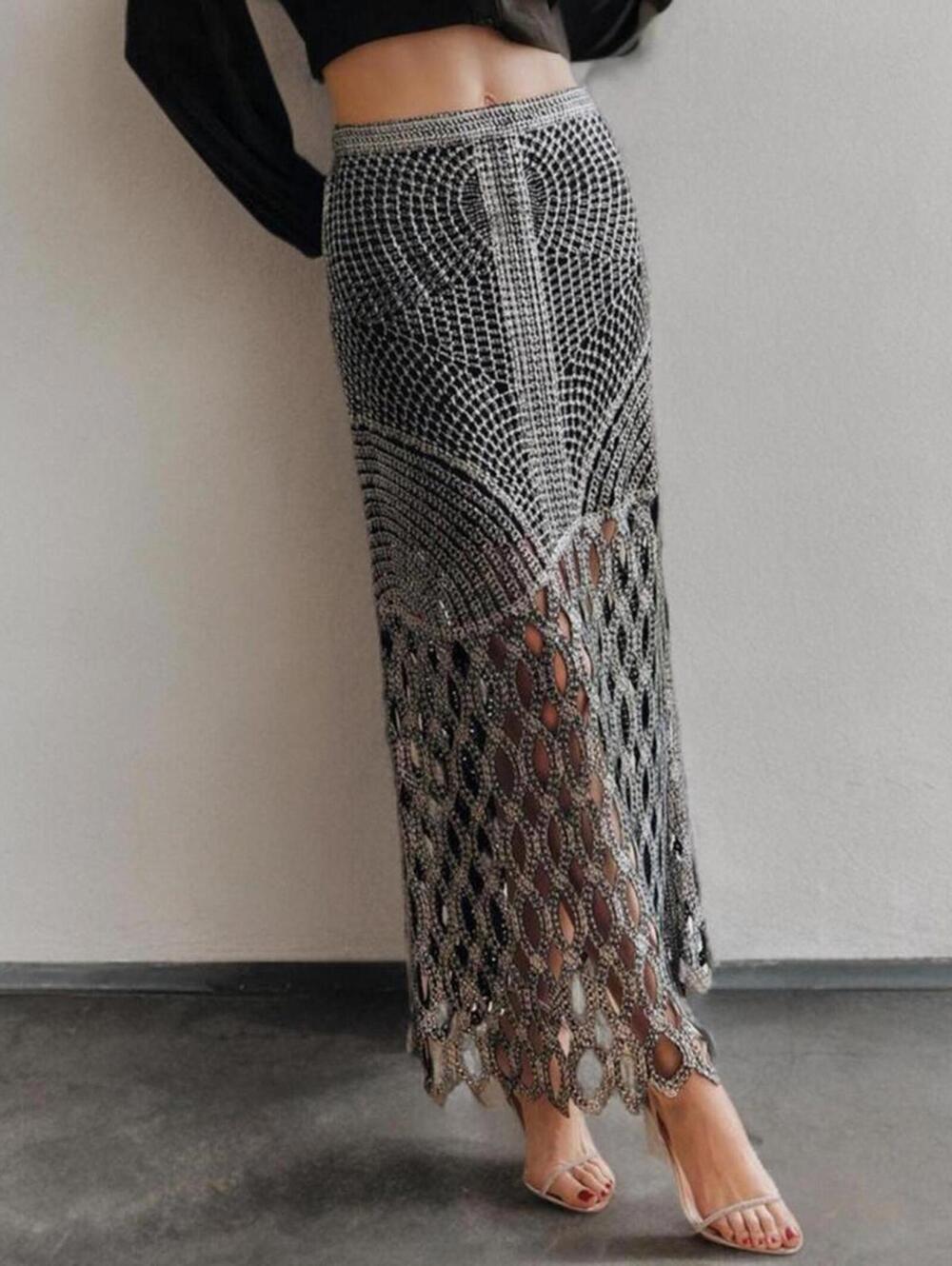 NWT Elegant Euro Sheer Knotted Crochet Lace Silver Metallic A-Line Maxi Skirt - Picture 2 of 12